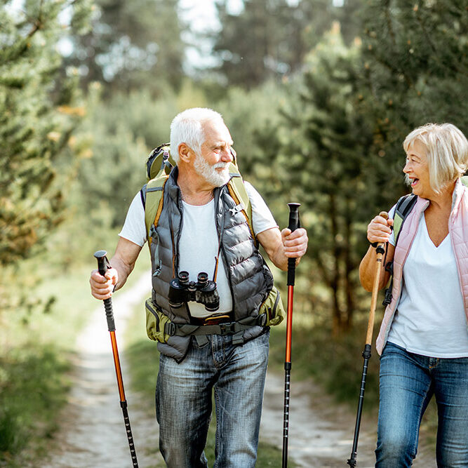 Senior couple hiking in the forest